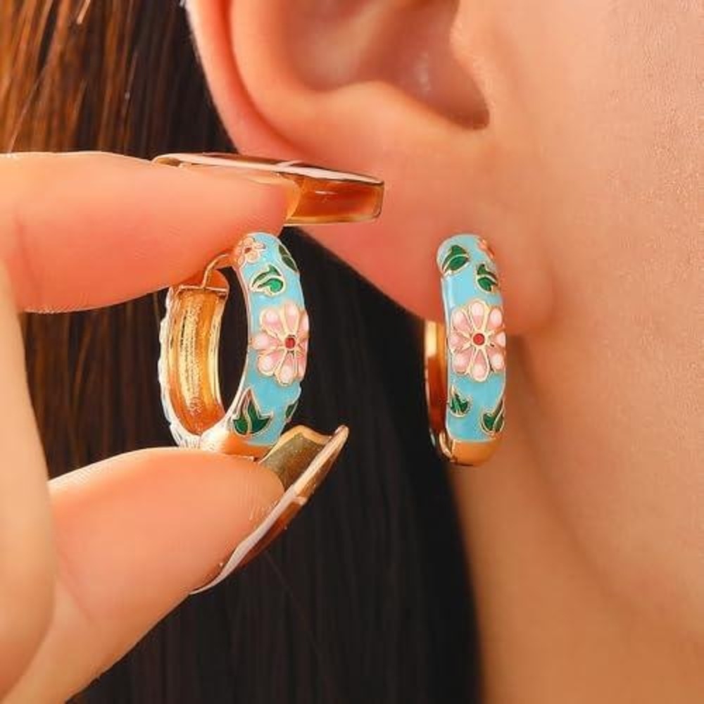 Floral Enamel Gold Hoop Earrings Turquoise Blue Pink Daisy Huggie Hoops